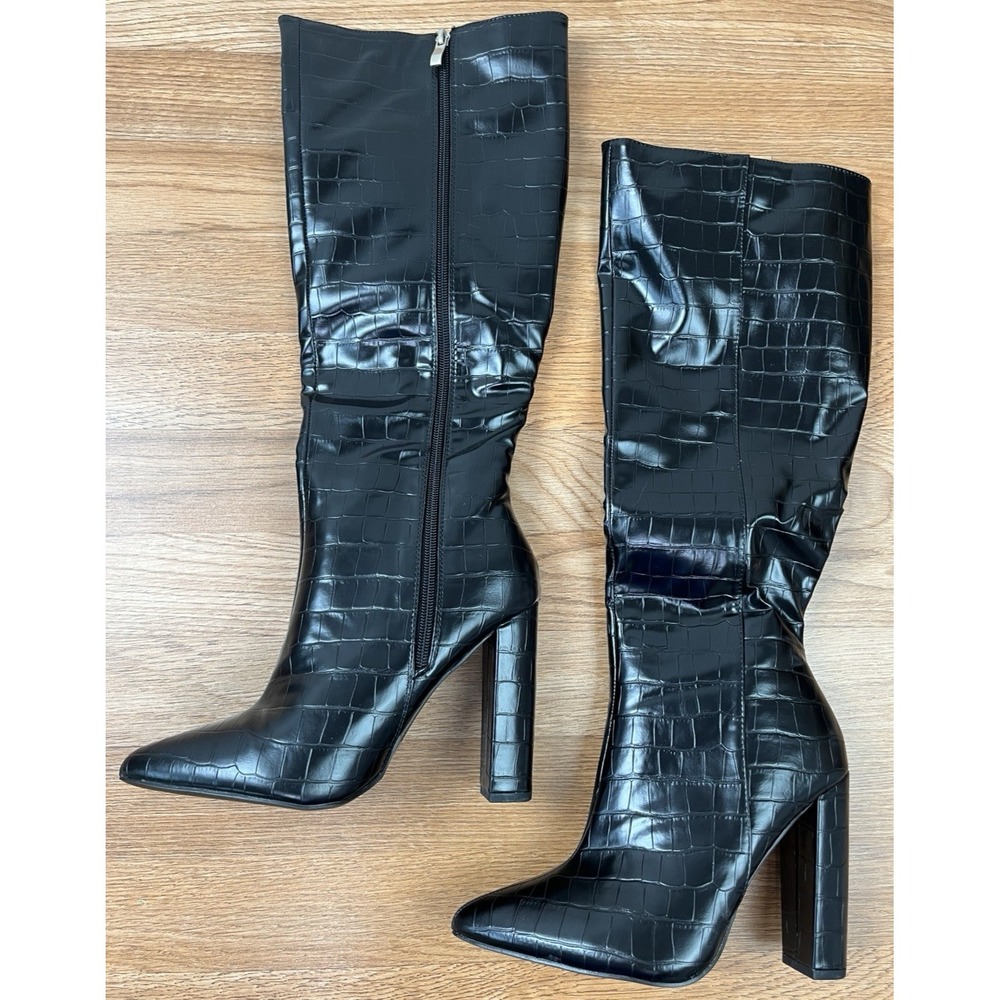boohoo Wide Fit Pointed Toe Knee High Heeled Boots Black Croc US Size 7 NEW